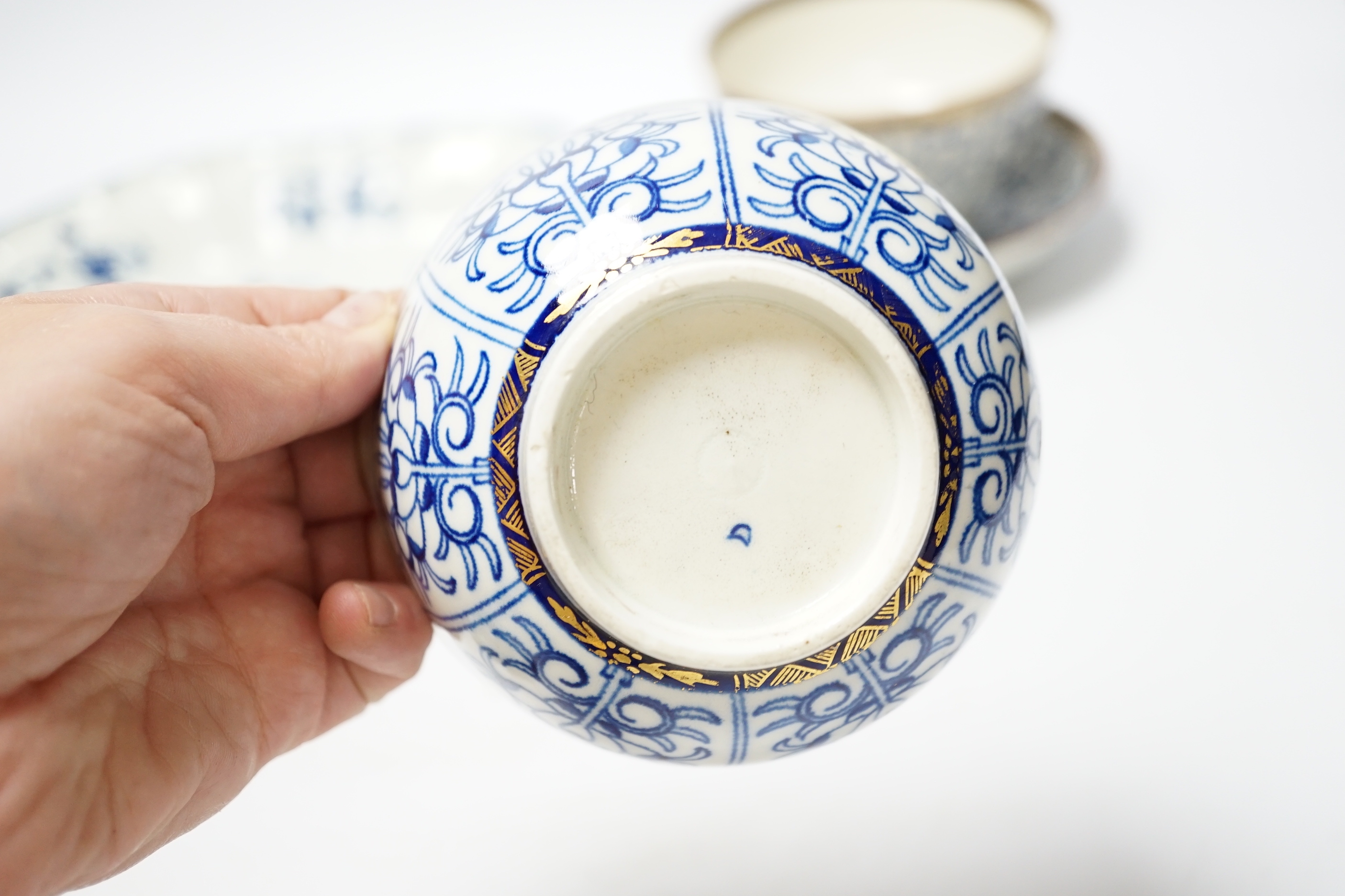 A Worcester carnation pattern dessert dish c. 1770, Royal Lily pattern saucer dish, two sugar bowls and a Plantation pattern saucer